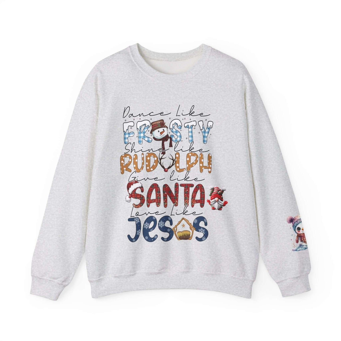 Festive Holiday T-Shirt with Snowman and Christmas Tree, Frosty Rudolph Santa Jesus Design, Colorful Fonts, Perfect Gift