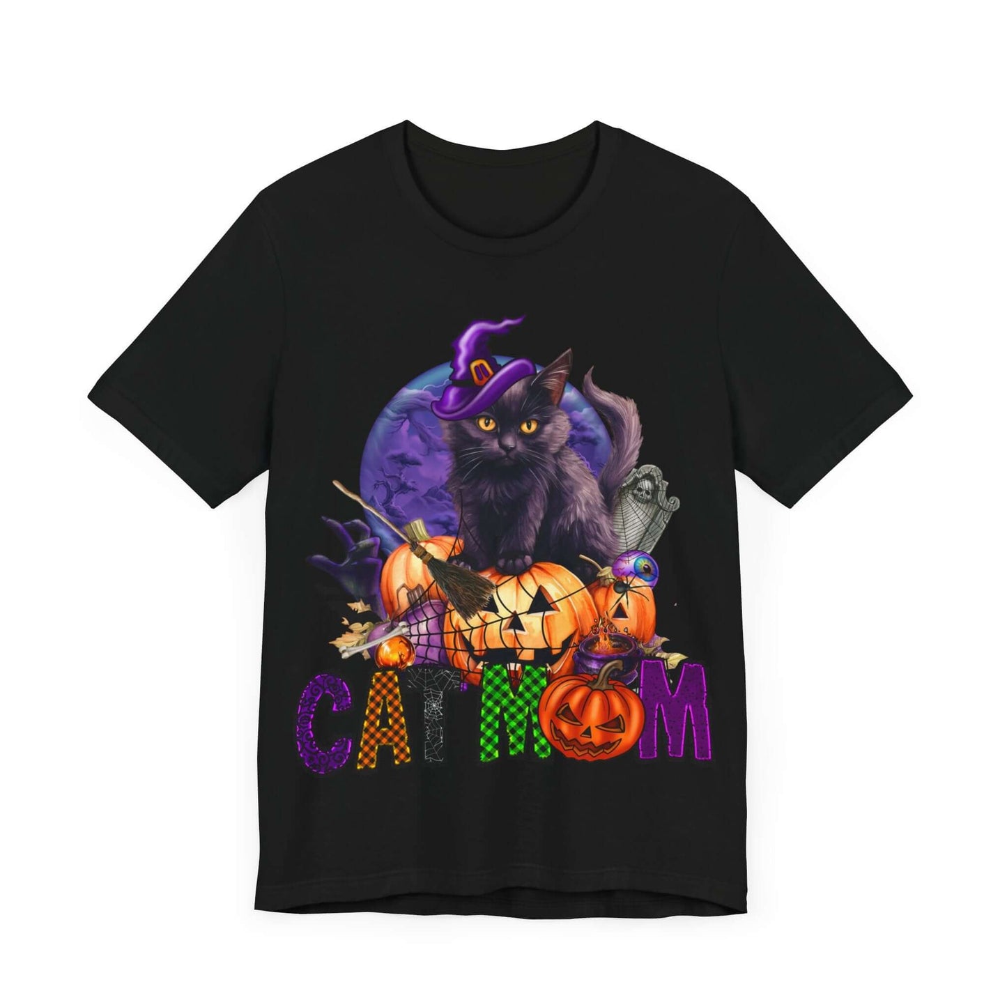 Cat Mom Women's T-shirt - Adorable Baby Black Cat, Pumpkins and Purple Moon, - Unique Halloween Outfits, Festive Parties, and Feline Fun.