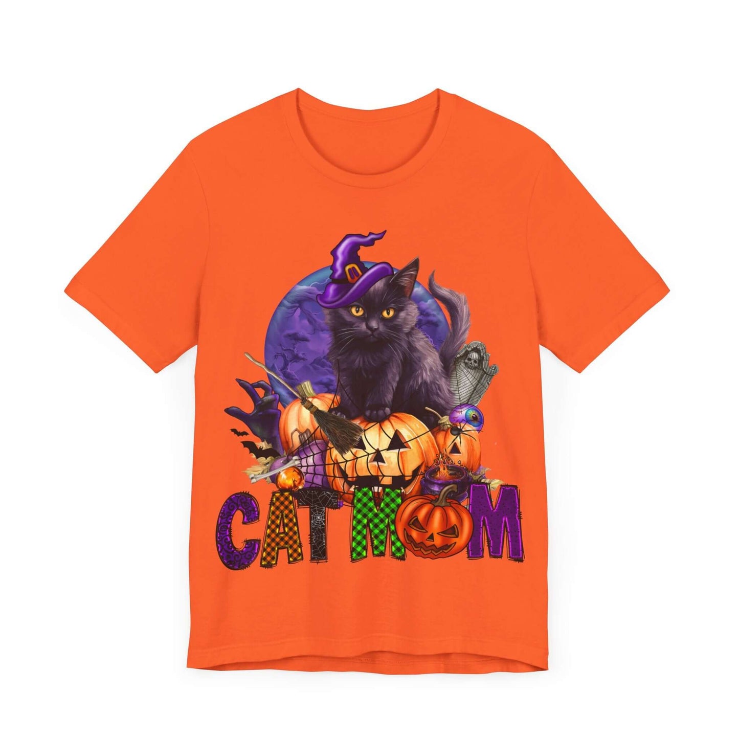 Cat Mom Women's T-shirt - Adorable Baby Black Cat, Pumpkins and Purple Moon, - Unique Halloween Outfits, Festive Parties, and Feline Fun.