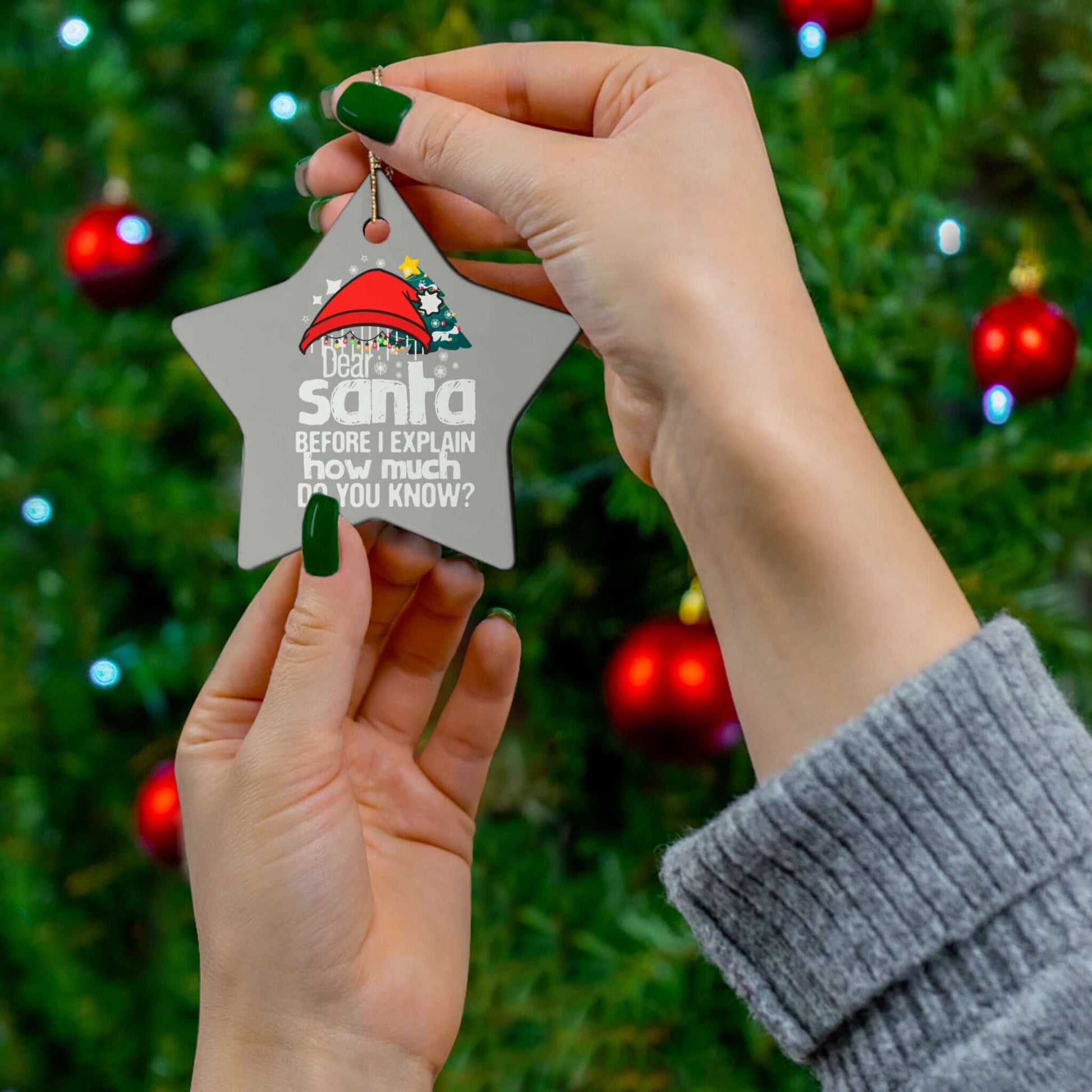 Ceramic star ornament reading "Dear Santa, before I explain, how much do you know?" against a festive tree backdrop.