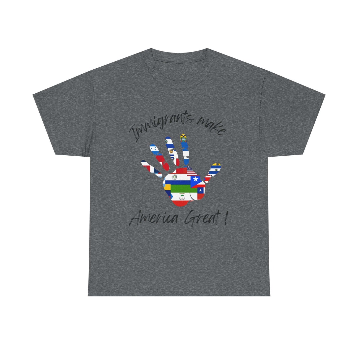 Unisex cotton tee with 'Immigrants Make America Great' and colorful handprint design