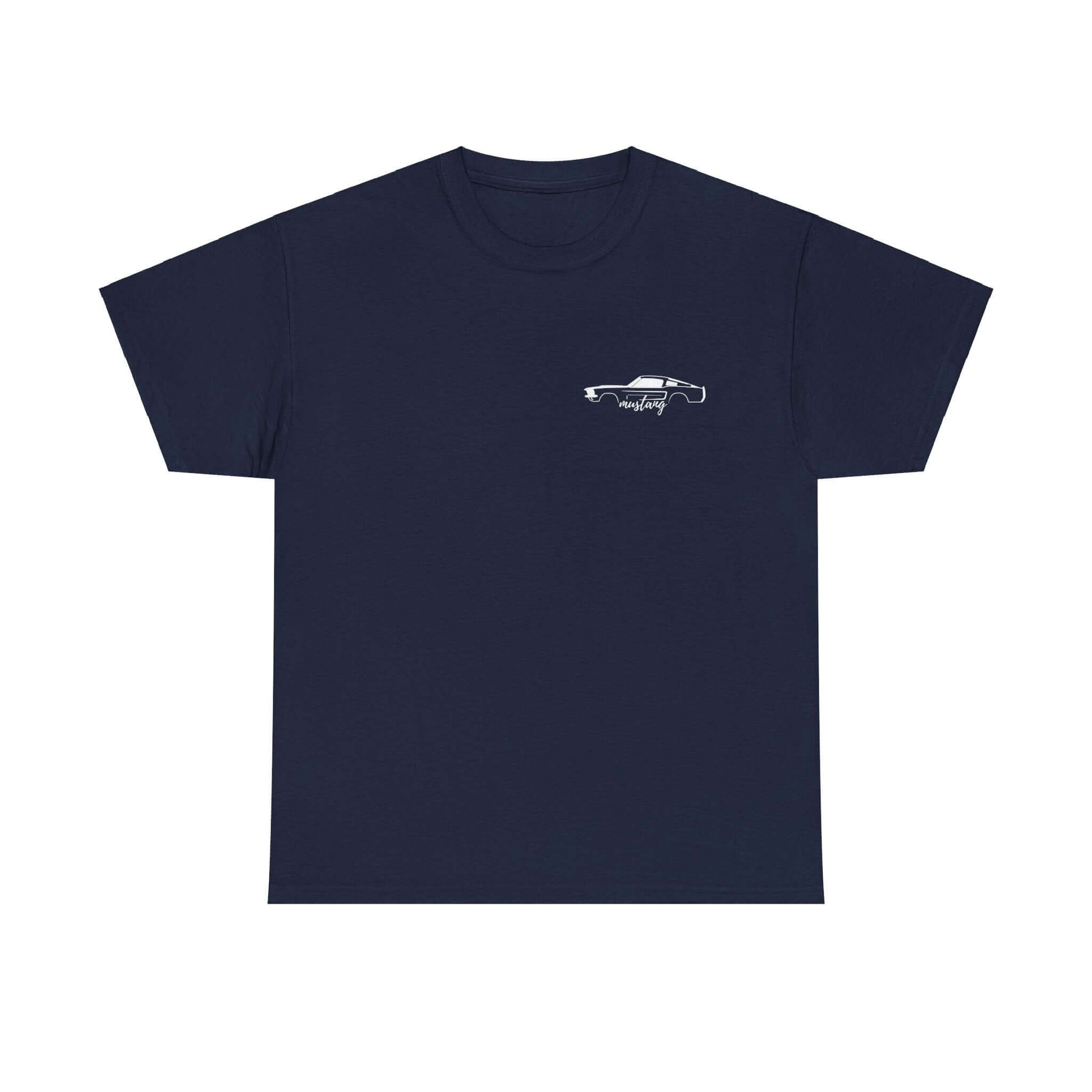 Ford Mustang Evolution Tee with front left chest 1967 Mustang print on navy shirt