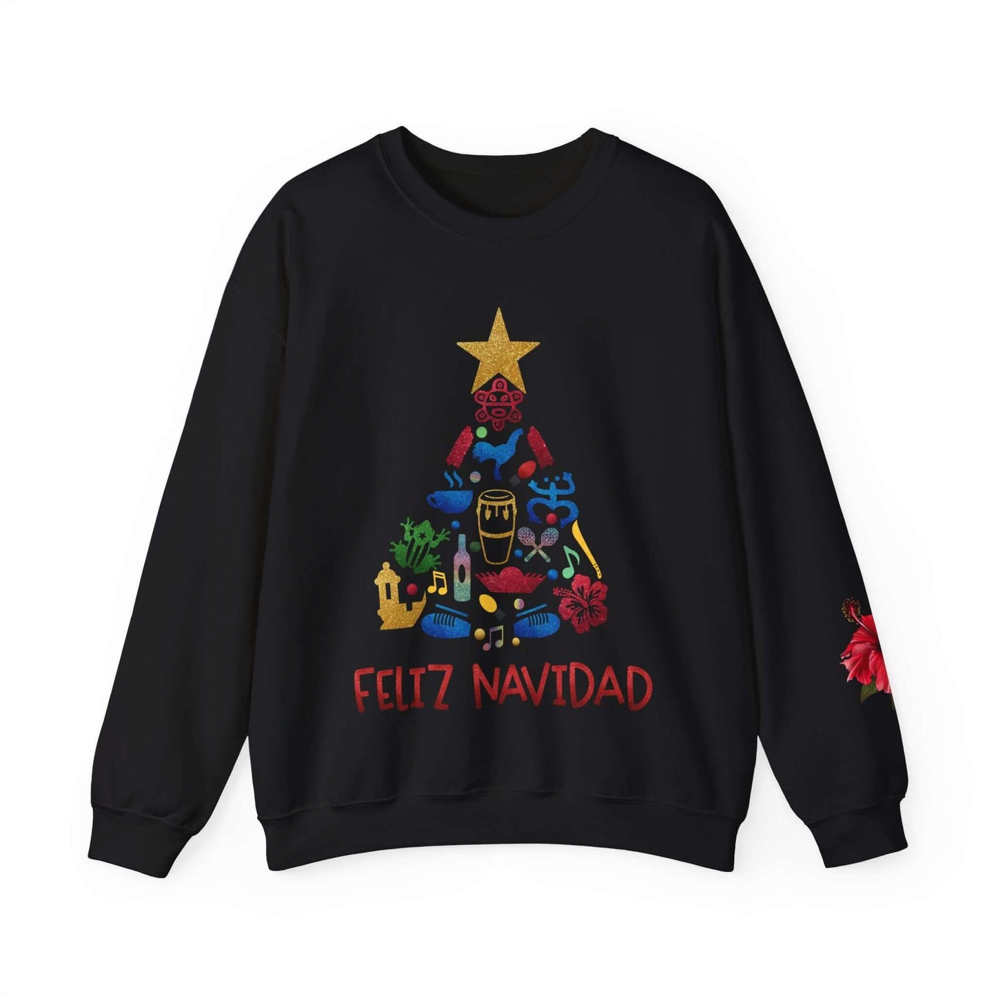 Feliz Navidad Puerto Rico Festive Print on left Long Sleeve Christmas T-Shirt with Unique Colorful Tree Design