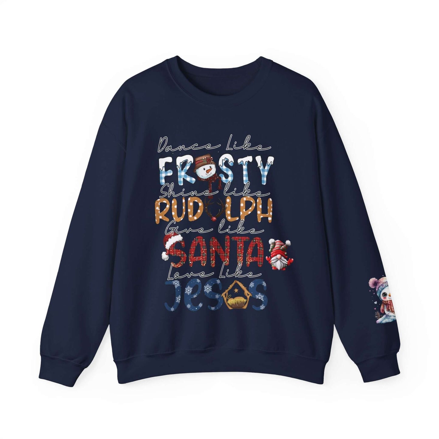 Festive Holiday T-Shirt with Snowman and Christmas Tree, Frosty Rudolph Santa Jesus Design, Colorful Fonts, Perfect Gift