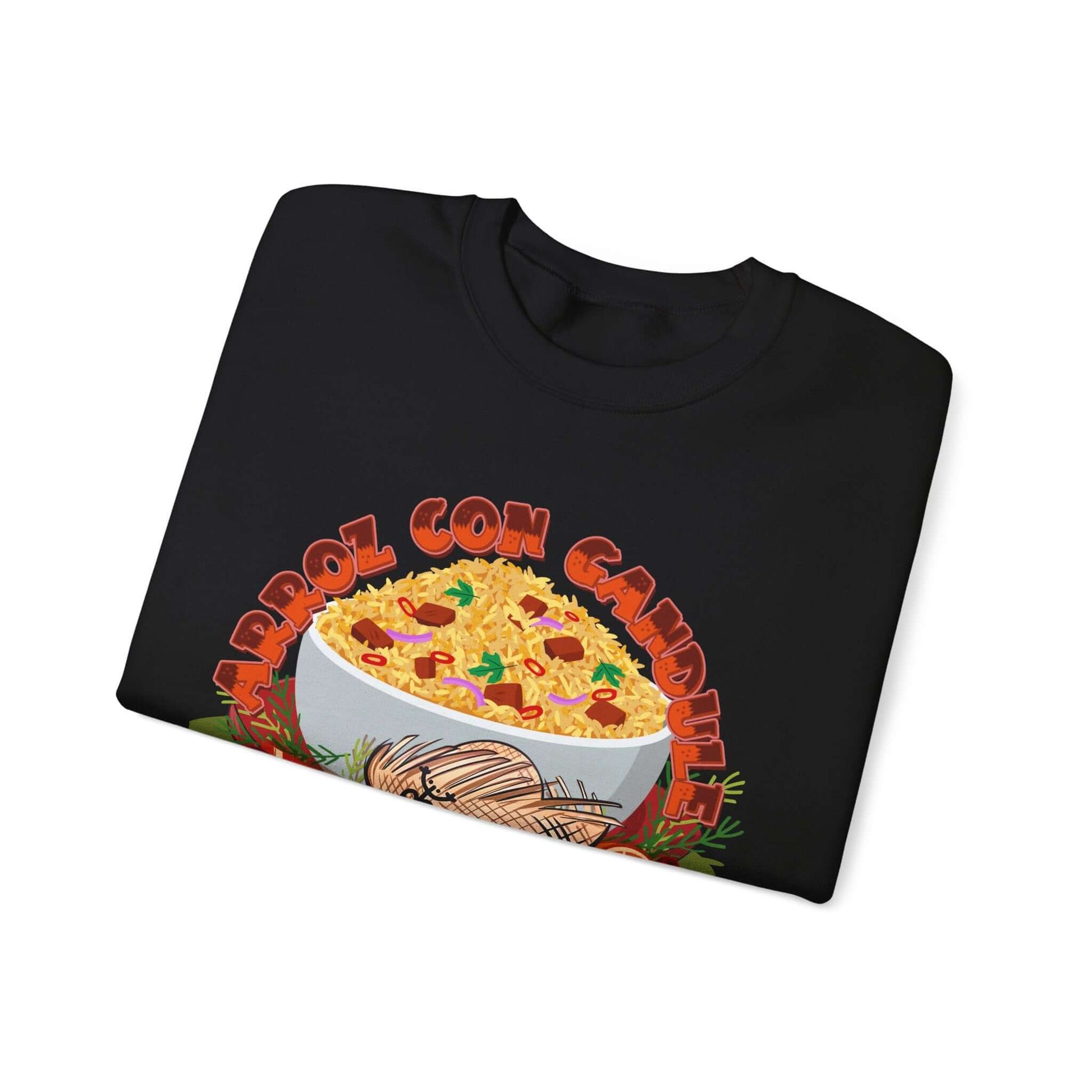 Arroz Con Gandules Christmas Sweater with rice and peas graphic and holiday accents, featuring "ARROZ CON GANDULES" text.