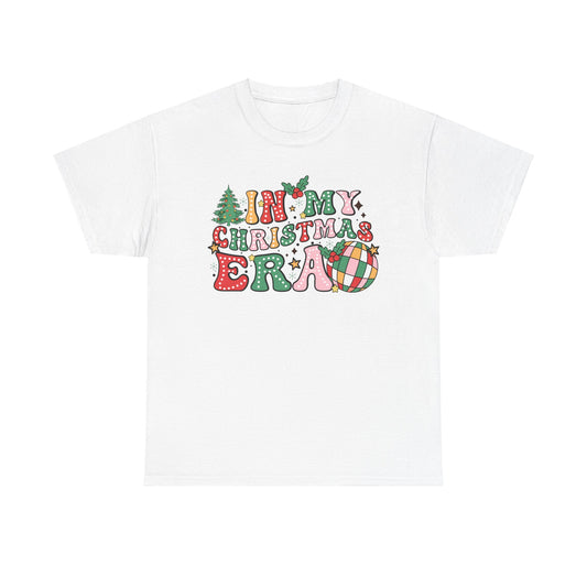 In My Christmas Era festive t-shirt design with colorful letters and Christmas elements like trees and ornaments.