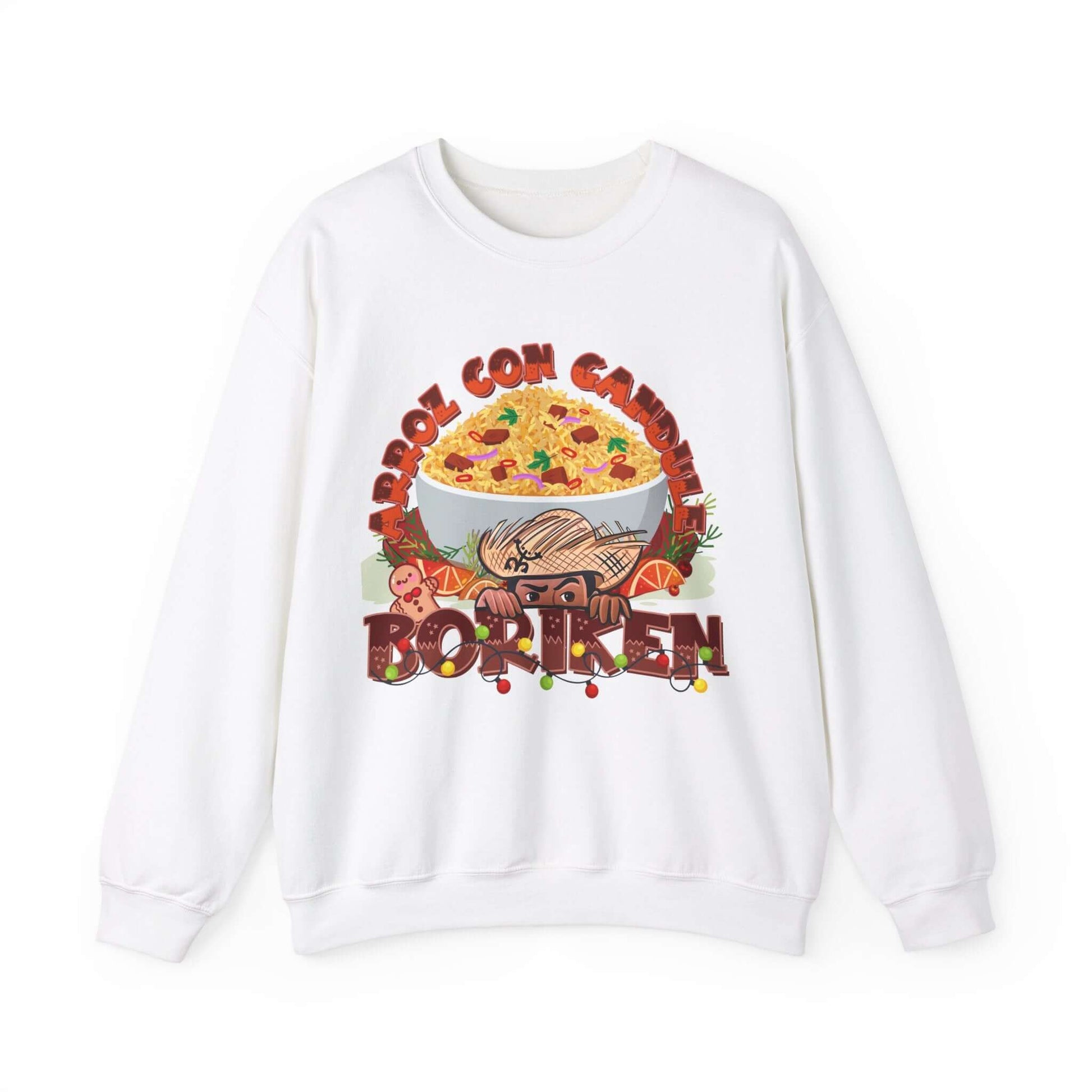 Arroz Con Gandules Christmas sweater with festive illustration and "BORIKÉN" text, featuring a bowl of rice with peas and holiday elements.