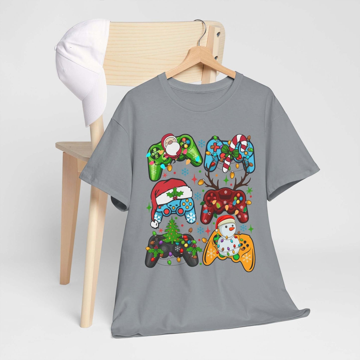 Christmas Gaming Controller Santa Claus Tee featuring festive controllers perfect for gamers and holiday fun.