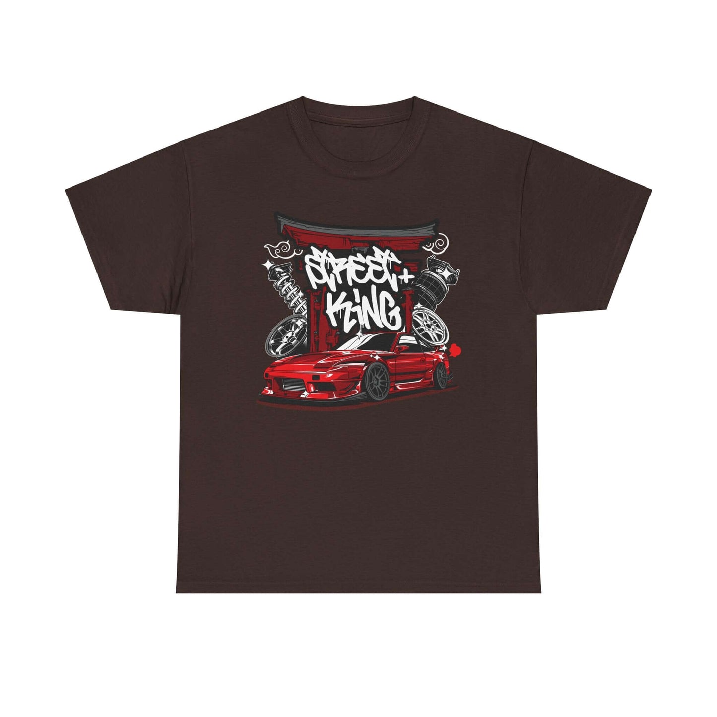 Urban racing art T-Shirt featuring a stylized red sports car and graffiti at a Japanese Torii gate. Perfect for streetwear fans.