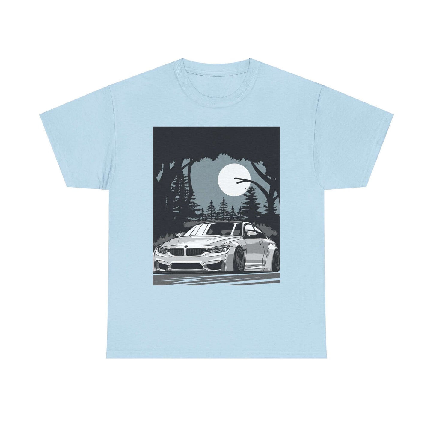 Nighttime forest drive tee featuring a car under a full moon, perfect for nature lovers and adventure seekers.