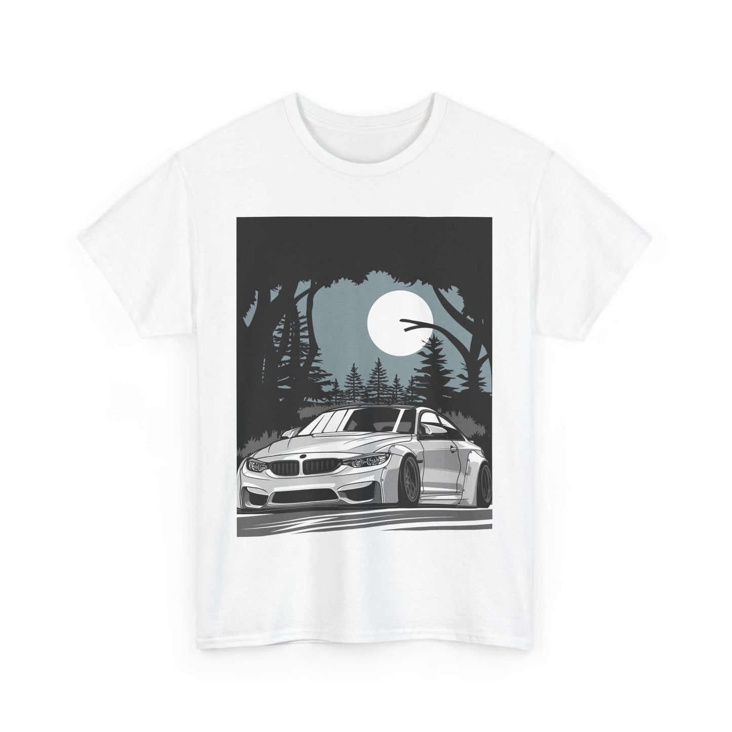 Forest Drive Tee featuring a car under a full moon, perfect for nighttime adventures and casual wear.