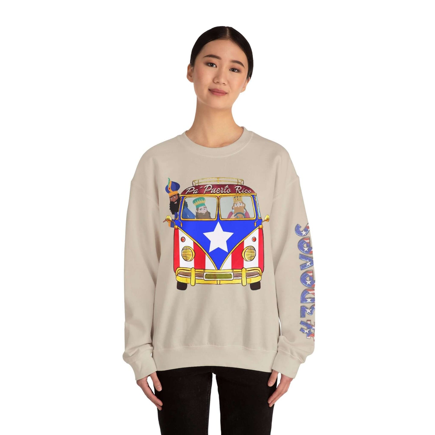 Woman wearing Christmas sweater with VW bus and Puerto Rico flag design, festive print on left sleeve.