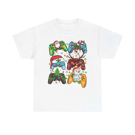 Christmas Santa Claus gaming controller tee with festive designs on a white shirt for gamers and holiday enthusiasts.