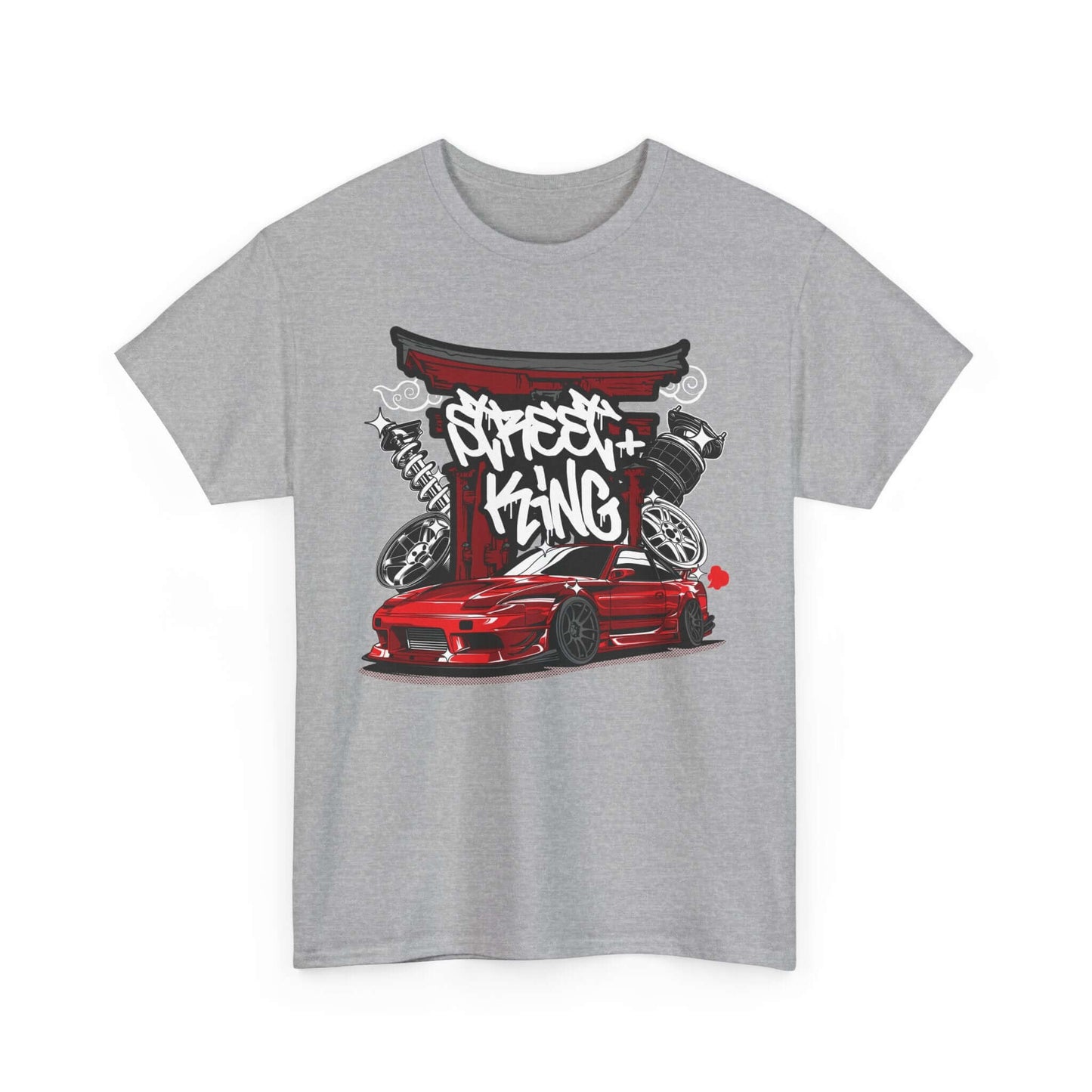 Stylized red sports car t-shirt featuring Japanese Torii gate and street king graffiti for car enthusiasts.