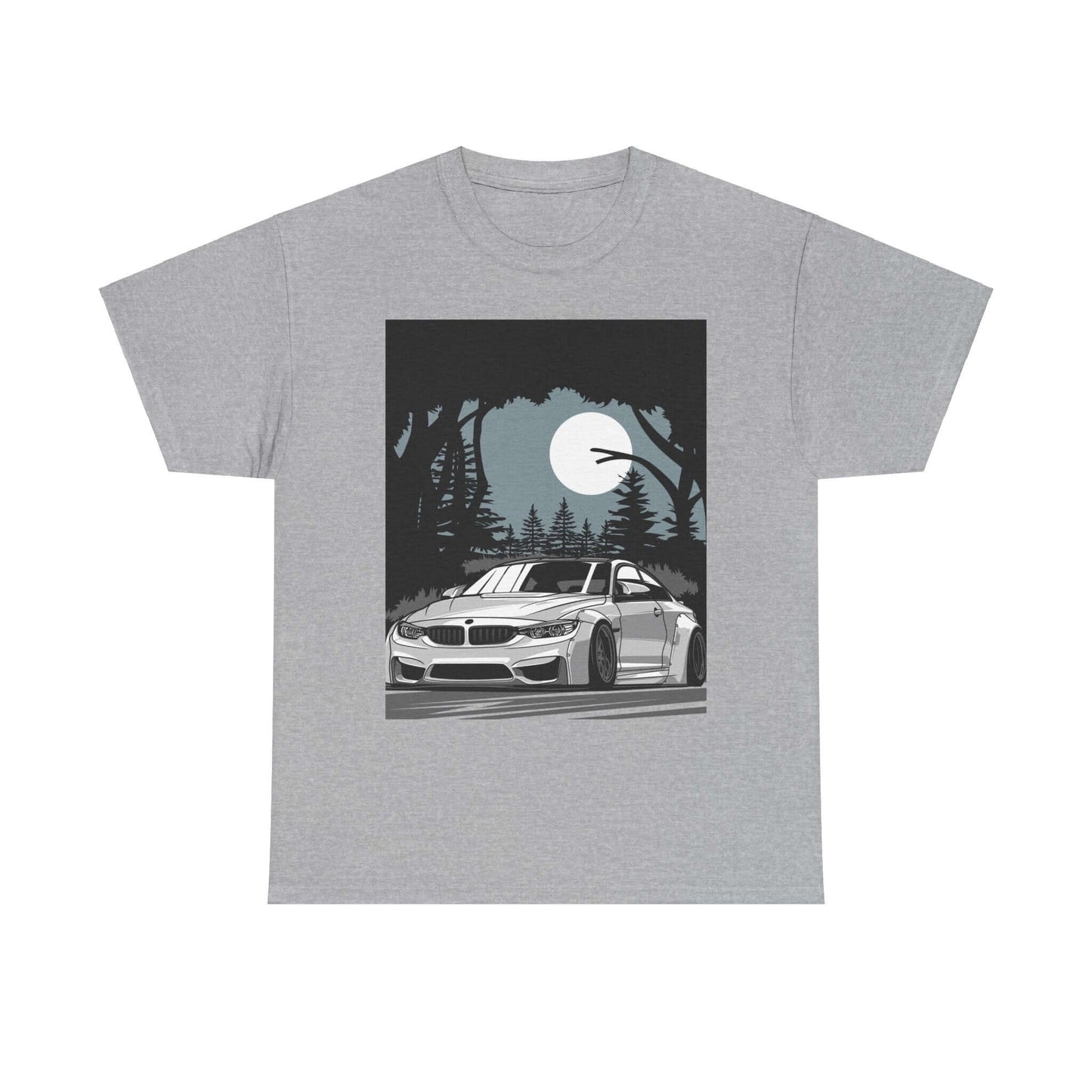 Nighttime forest drive tee featuring a car under a full moon, perfect for adventure lovers and casual wear.