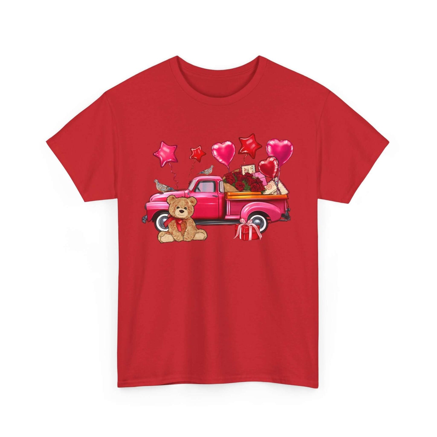 Red Valentine's Day t-shirt featuring a vintage truck with roses and teddy bear design, perfect for a romantic and nostalgic wardrobe addition.