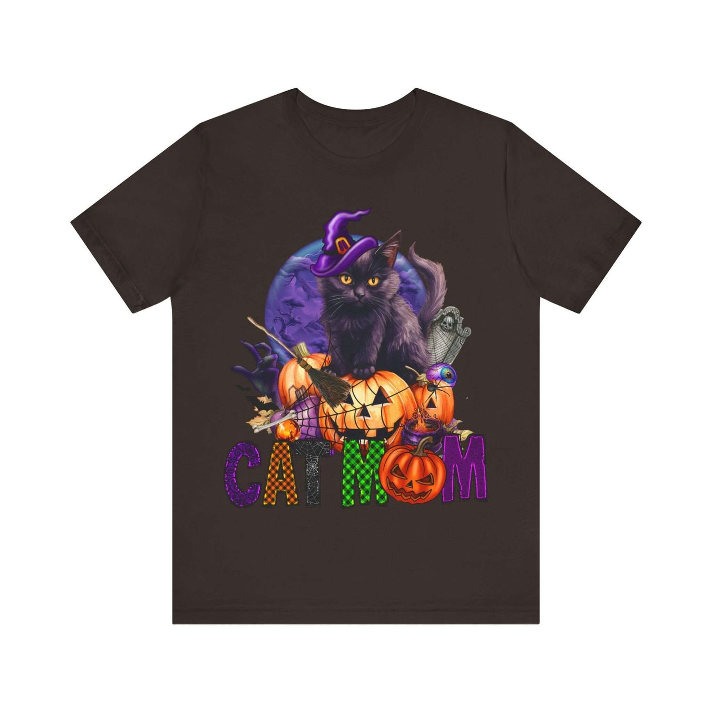 Cat Mom Women's T-shirt - Adorable Baby Black Cat, Pumpkins and Purple Moon, - Unique Halloween Outfits, Festive Parties, and Feline Fun.