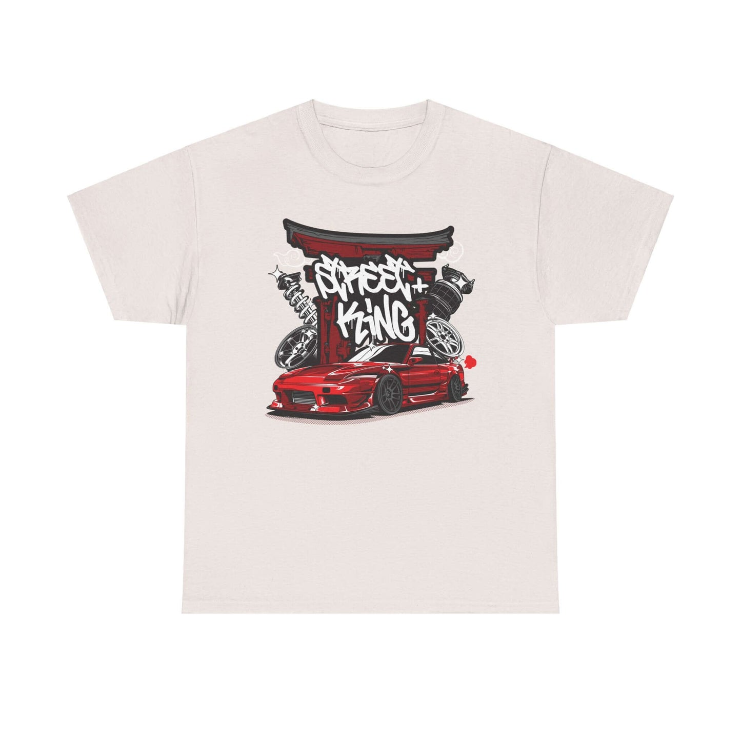 Urban Racing T-Shirt featuring a stylized red sports car at a Japanese Torii gate with graffiti, perfect for streetwear fans.