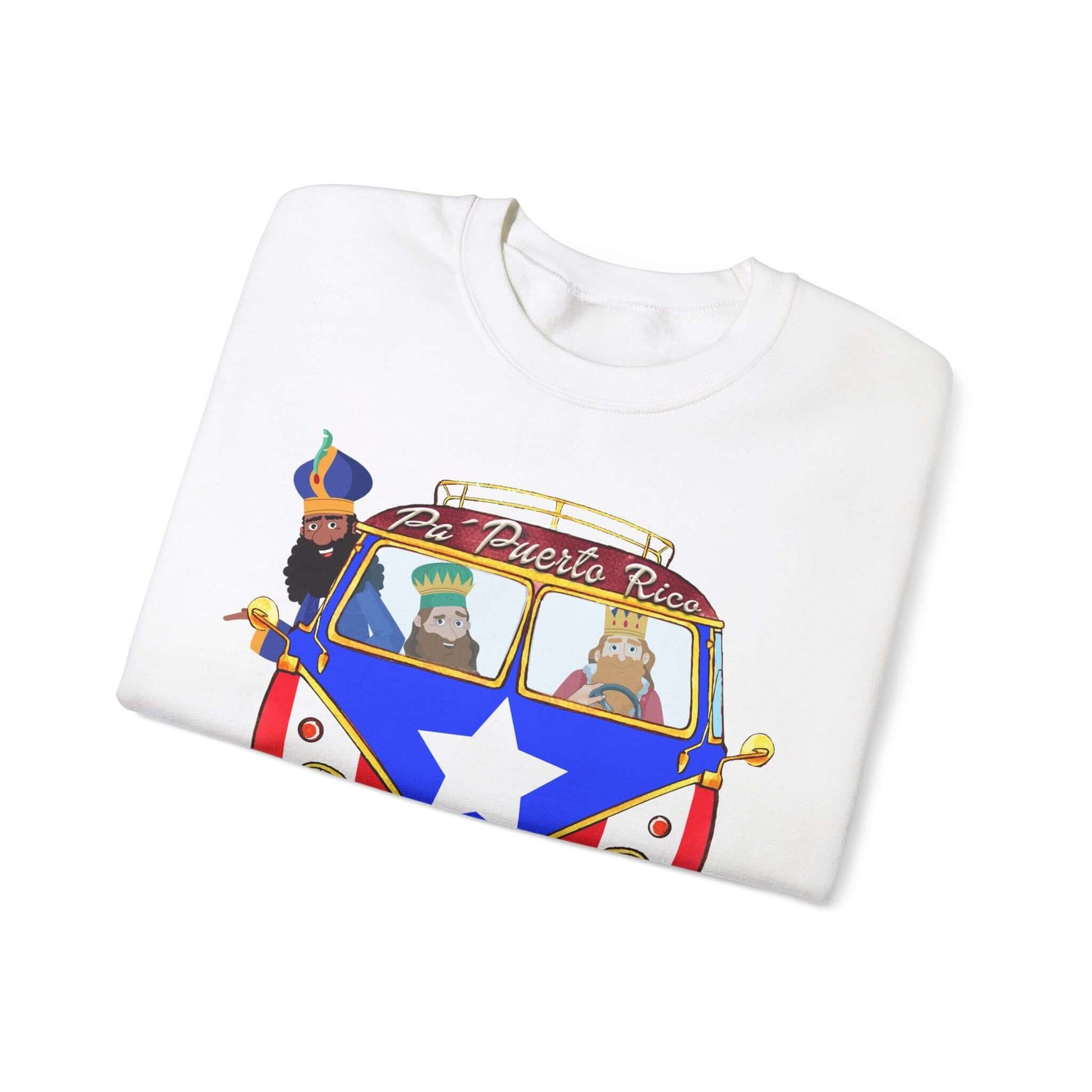 Christmas sweater with Three Kings in a VW bus, "Pa Puerto Rico" text, and Puerto Rico flag on front. Festive and customizable design.