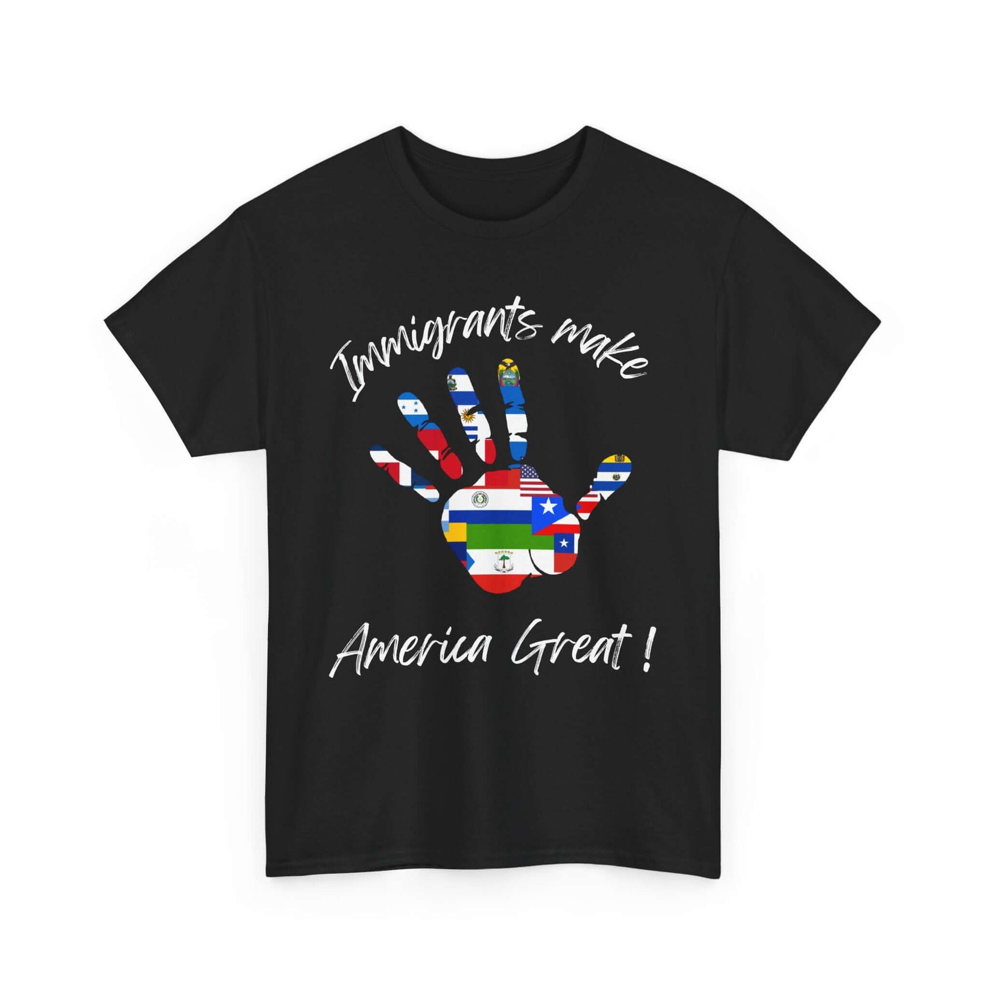 Immigrants Make America Great Tee with flag handprint design celebrating diversity and inclusivity, unisex cotton shirt for cultural unity.