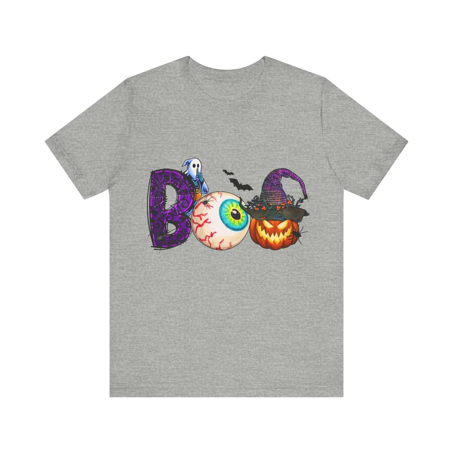 Halloween 'Boo' Women's T-shirt, Spooky Eyeball and Pumpkin Design, Cartoon Scary Tee for Unique Halloween Outfits and Fun Trick-or-Treating