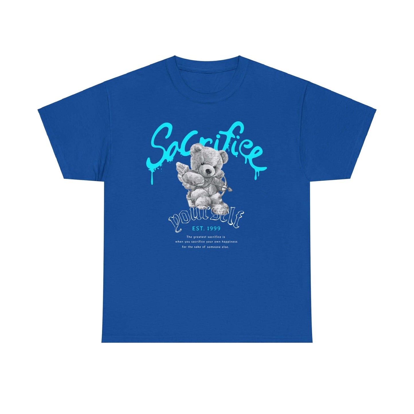 Whimsical blue tee featuring a playful bear and the phrase "Sacrifice Yourself" for trendy streetwear enthusiasts.