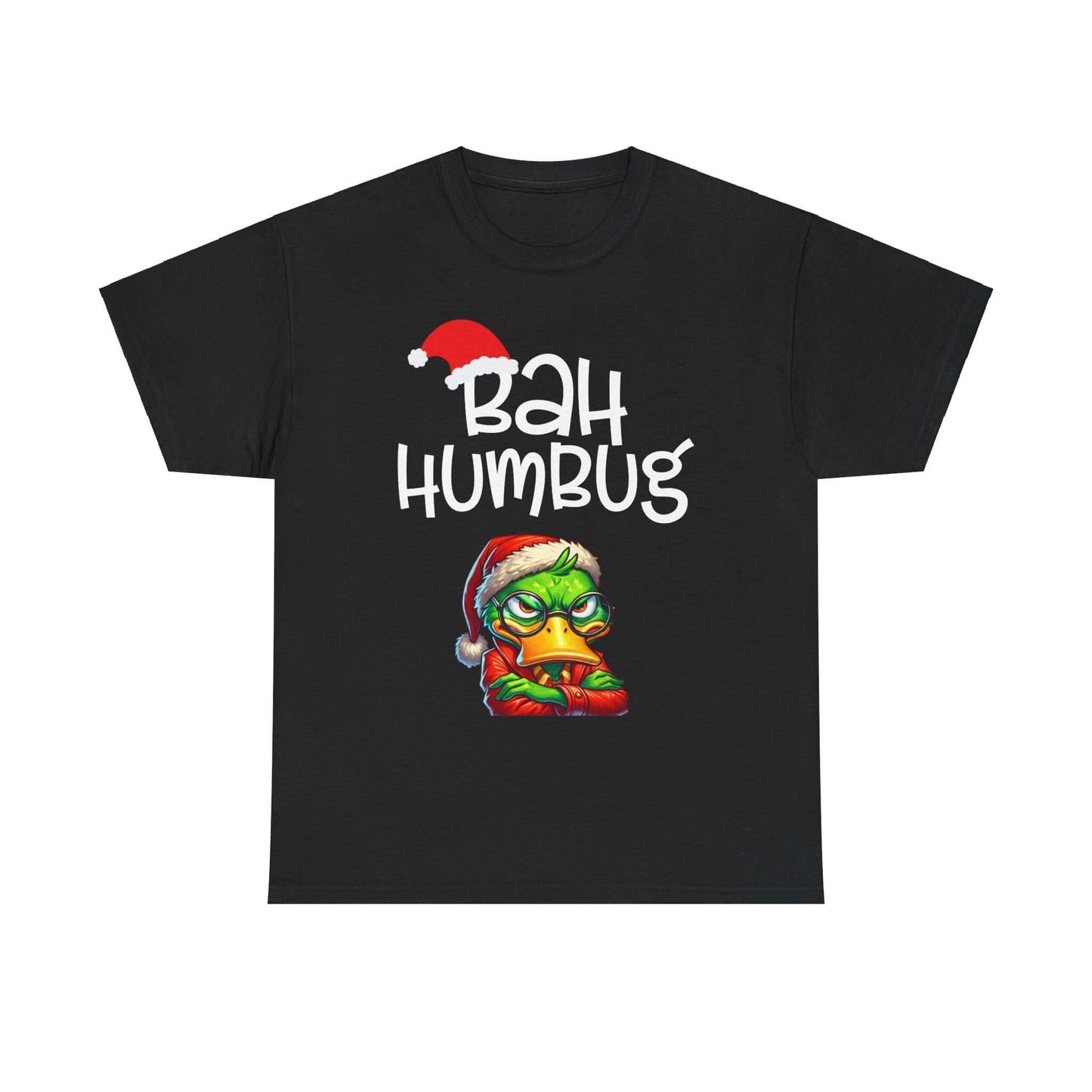 Unisex black tee featuring "Bah Humbug" graphic and playful holiday design, perfect for Christmas humor.