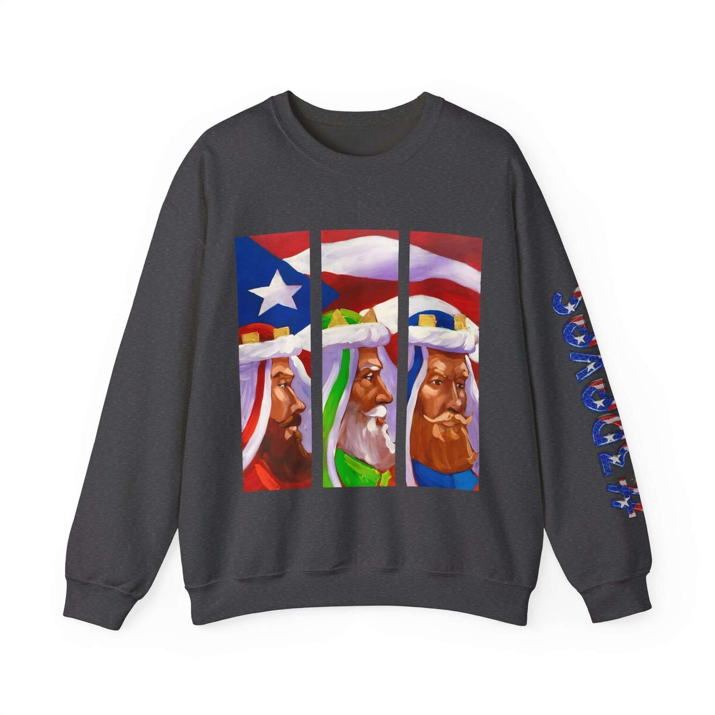 Festive Three Kings holiday sweater with Puerto Rican flag and artistic print on the front, cream-colored cozy design.