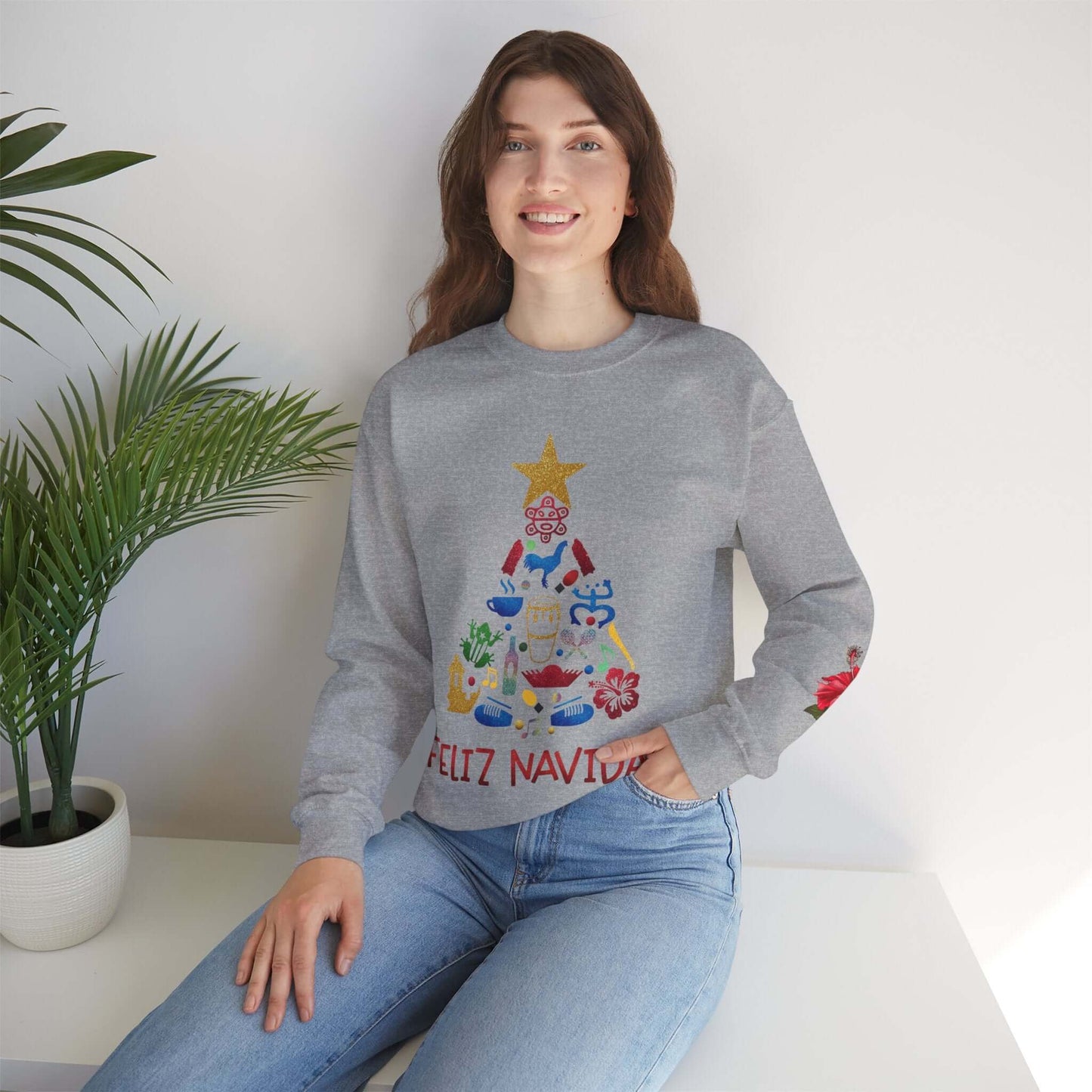 Feliz Navidad Puerto Rico Festive Print on left Long Sleeve Christmas T-Shirt with Unique Colorful Tree Design