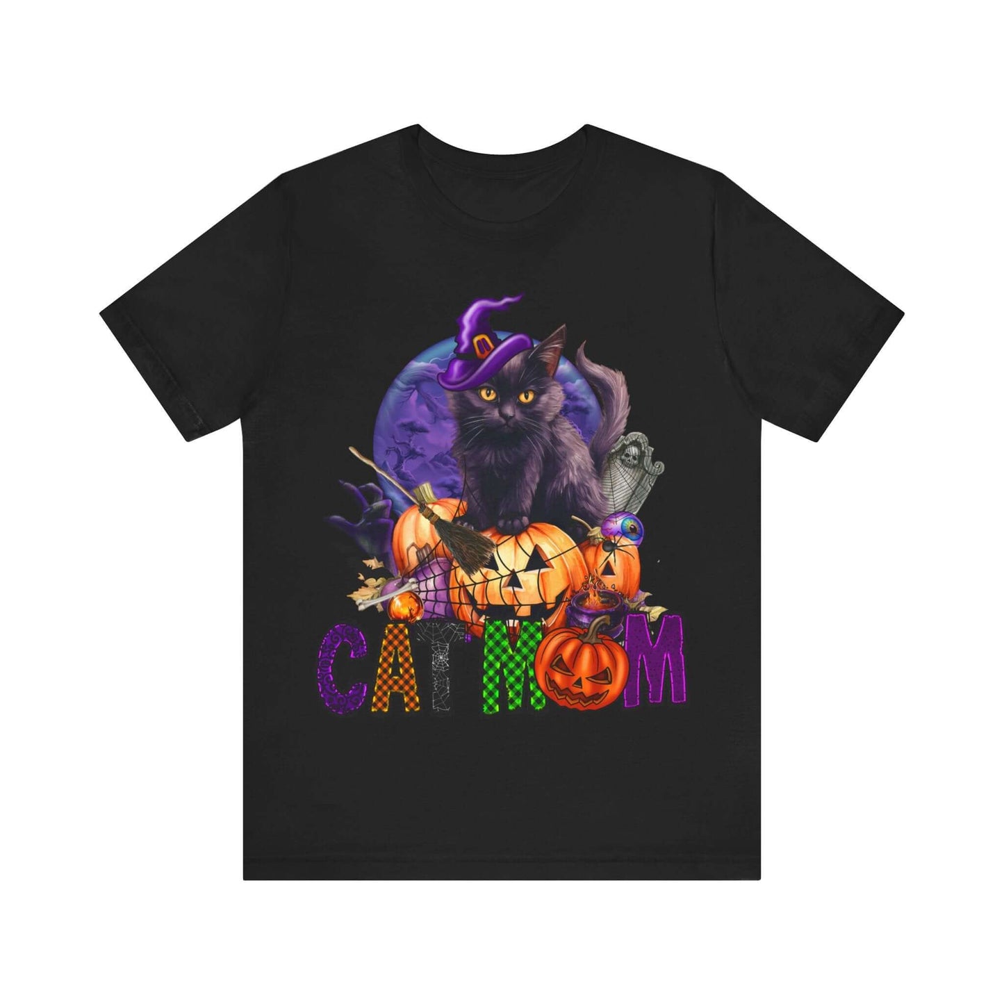 Cat Mom Women's T-shirt - Adorable Baby Black Cat, Pumpkins and Purple Moon, - Unique Halloween Outfits, Festive Parties, and Feline Fun.