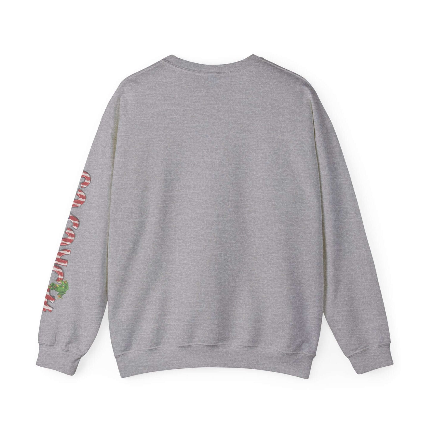 Gray long sleeve sweater with festive print on left sleeve.