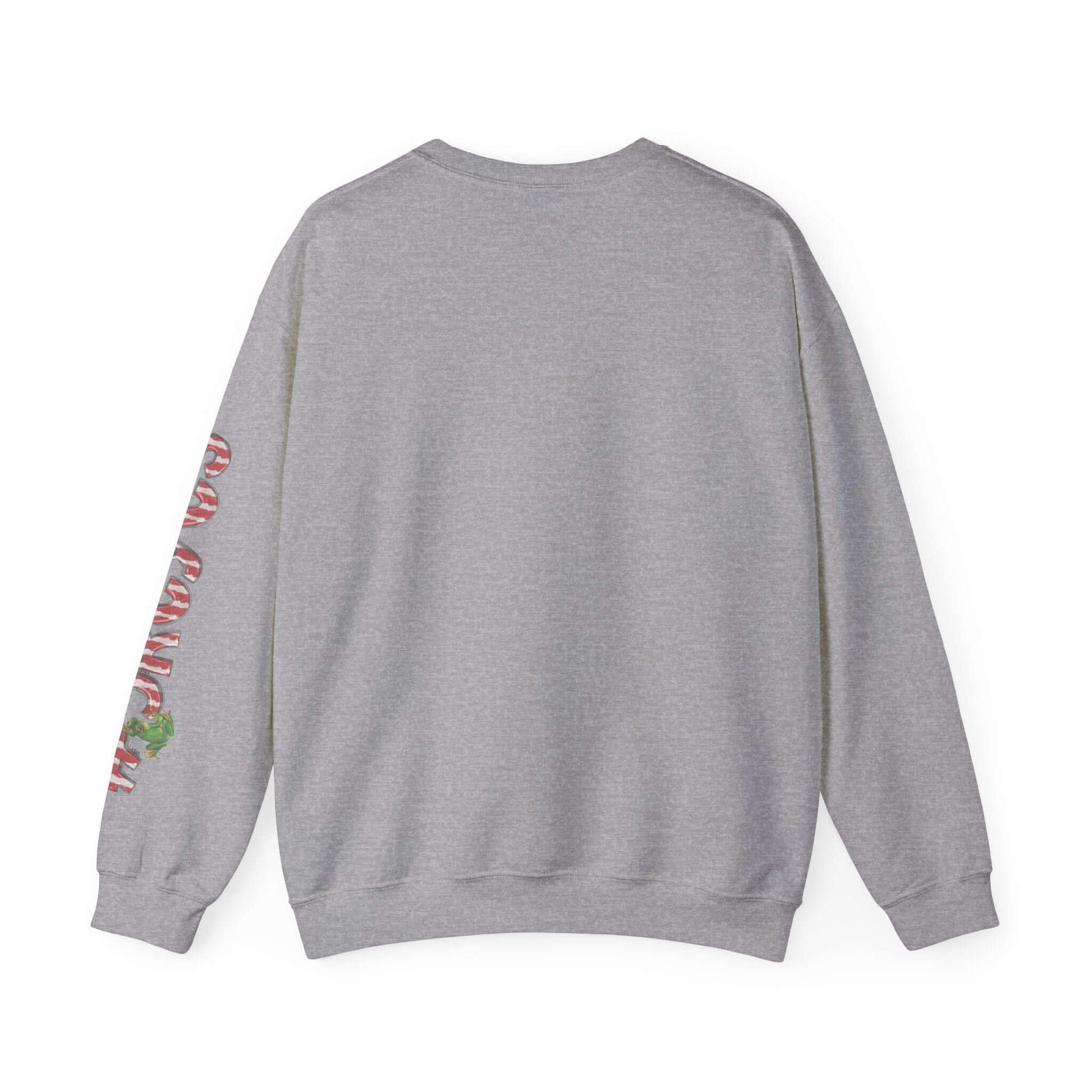 Gray long sleeve sweater with festive print on left sleeve.