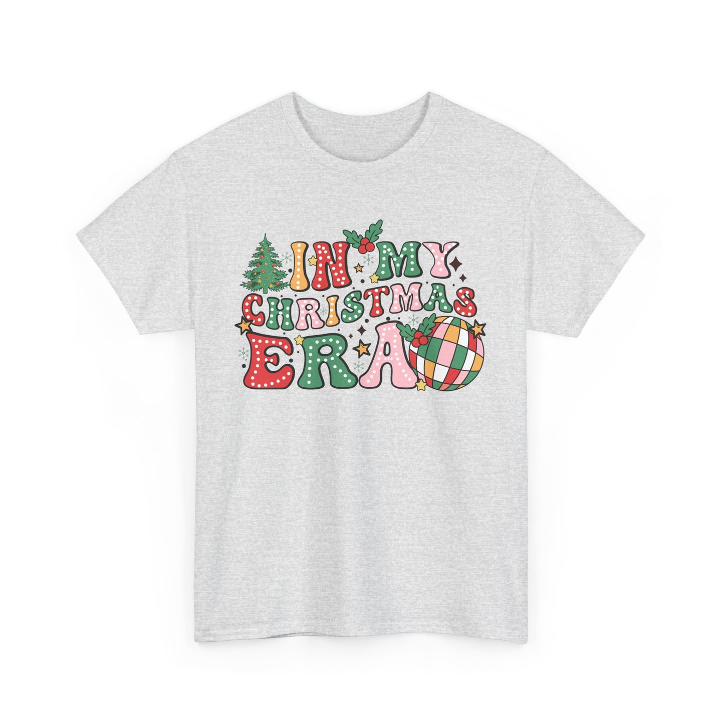 "In My Christmas Era t-shirt featuring colorful festive letters and Christmas elements like trees and stars for holiday cheer."