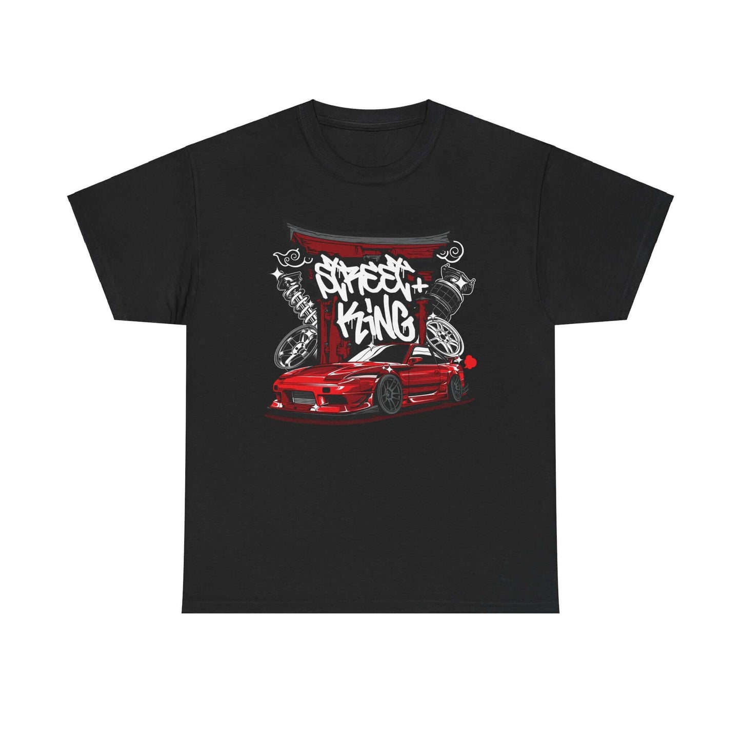 Urban Racing Art T-Shirt featuring stylized red sports car and Street King graffiti design on black background.