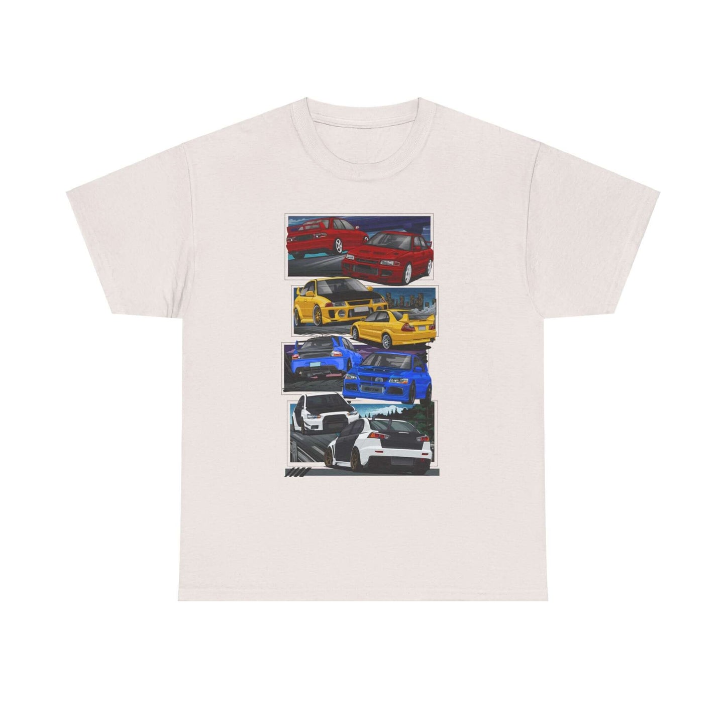 JDM-Inspired Evolution Car Tee, Red Yellow Blue White Enthusiast Shirt