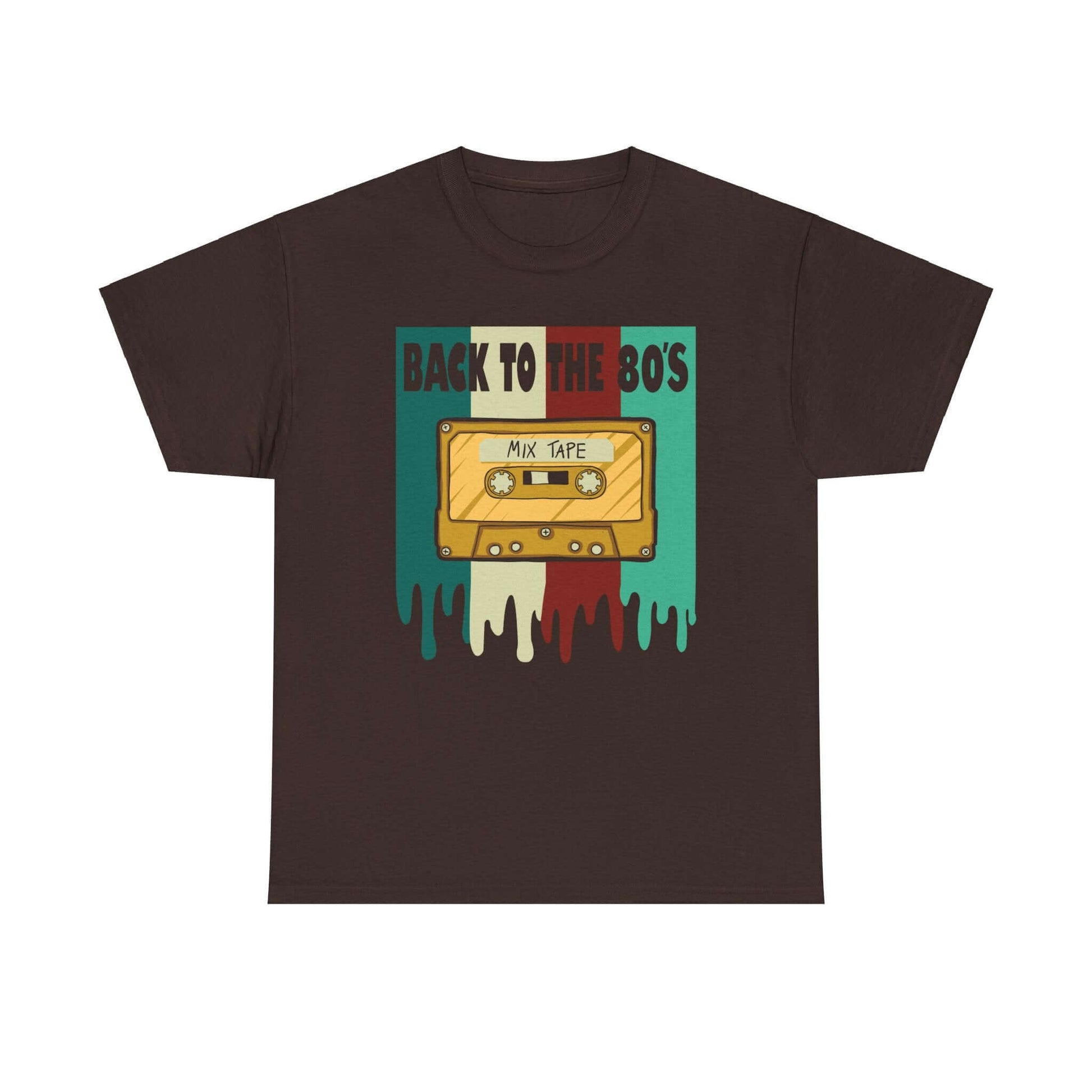 Retro Mixtape Tee featuring vintage cassette design with "Back to the 80's" text, perfect for music lovers and 80's fans.