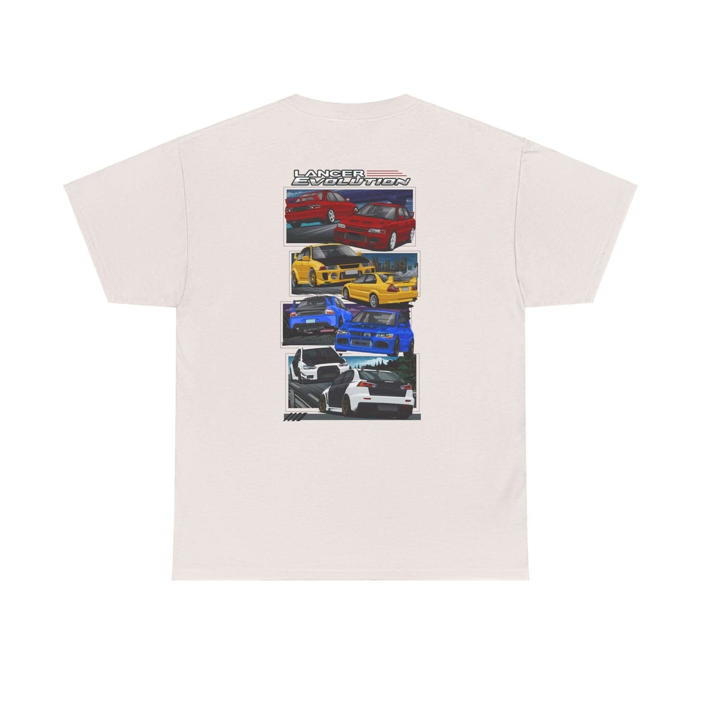 JDM-Inspired Evolution Car Tee, Red Yellow Blue White Enthusiast Shirt