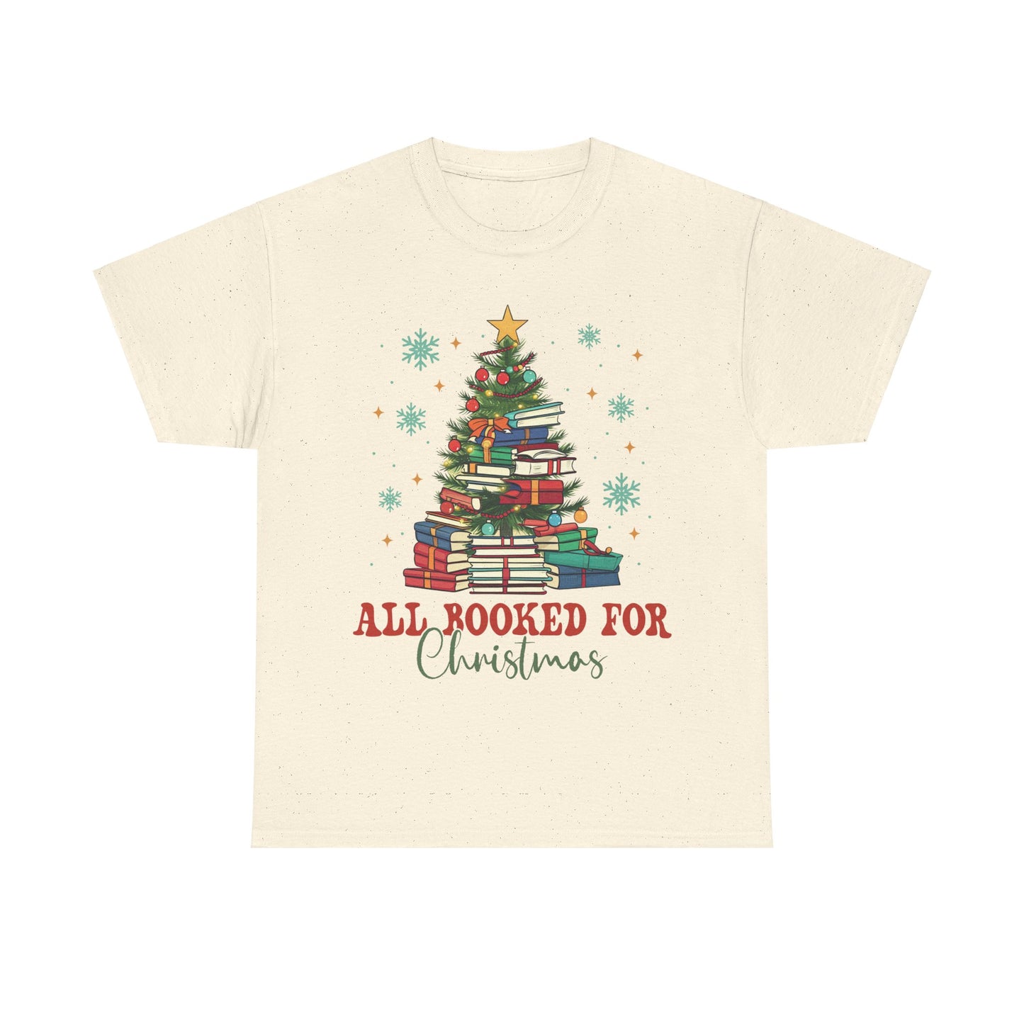 Festive Christmas Book Lover tee featuring a colorful stack of books styled as a Christmas tree with joyful holiday text.