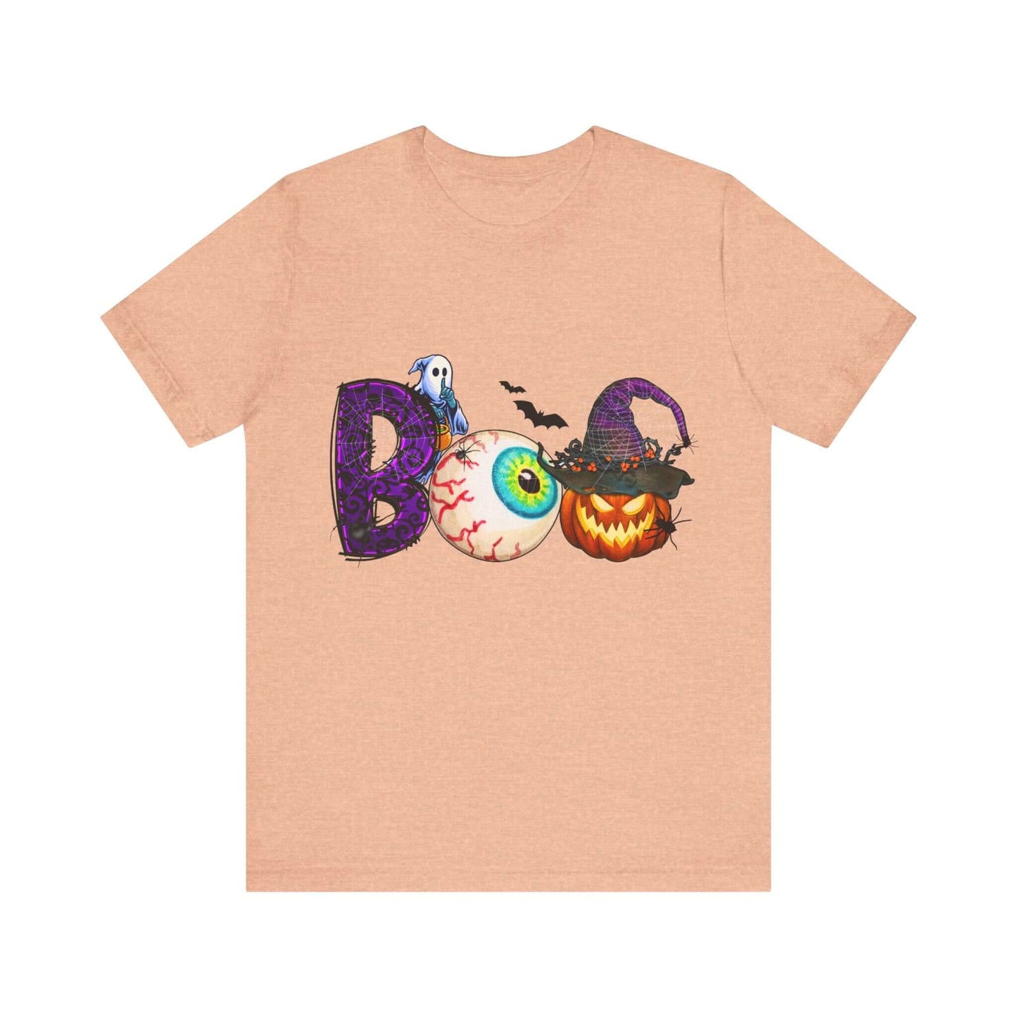 Halloween 'Boo' Women's T-shirt, Spooky Eyeball and Pumpkin Design, Cartoon Scary Tee for Unique Halloween Outfits and Fun Trick-or-Treating