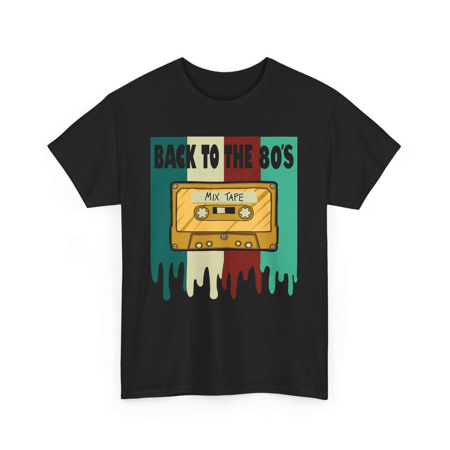 Retro Mixtape Tee with vintage cassette design and "Back to the 80's" text on a black T-Shirt for music enthusiasts and nostalgic individuals.