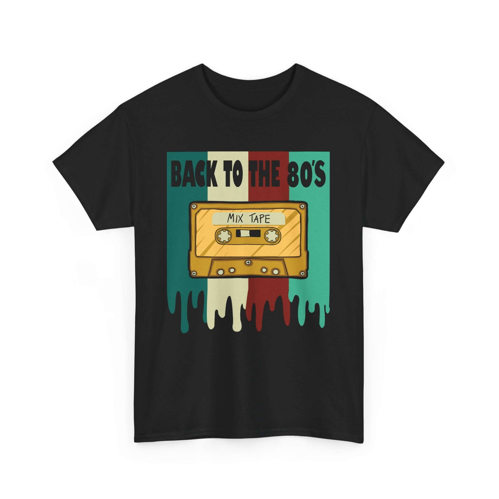 Retro Mixtape Tee with vintage cassette design and "Back to the 80's" text on a black T-Shirt for music enthusiasts and nostalgic individuals.