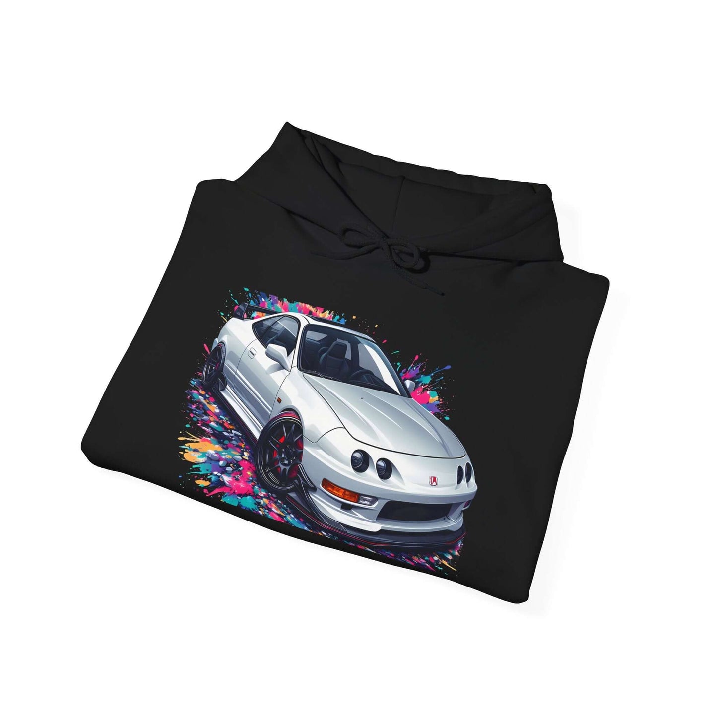 Black hooded sweatshirt featuring a sporty white DC2 USDM model car design, perfect for car enthusiasts.