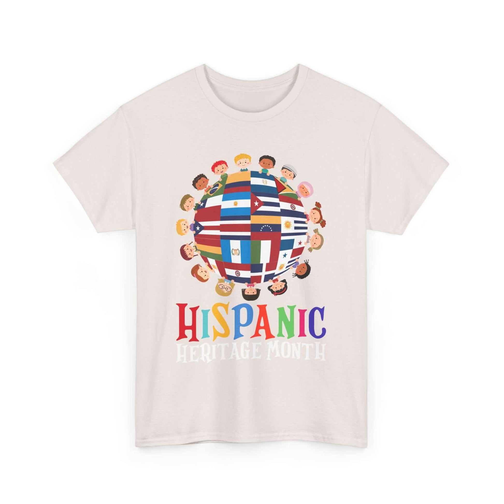 Kids' T-shirt celebrating Hispanic Heritage Month with diverse flags forming a globe and colorful cartoon characters.