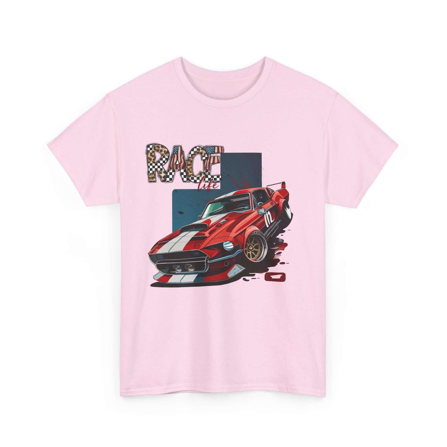 Racing Life Muscle Car T-Shirt with iconic Mustang and RACE life emblem on light pink tee