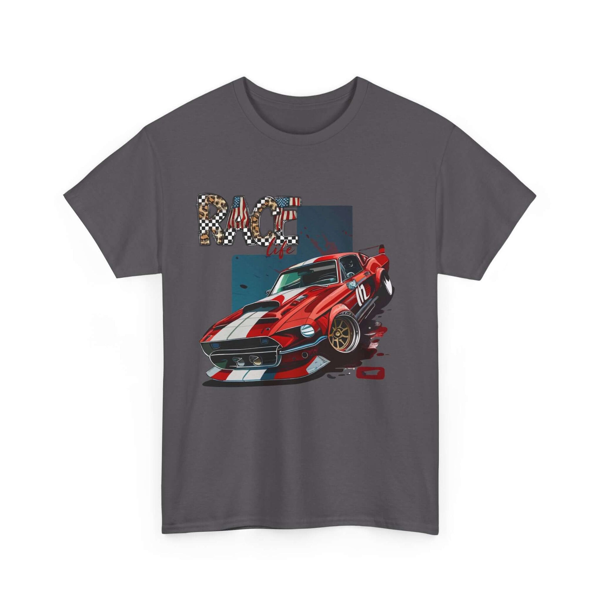 Racing Life Muscle Car T-Shirt with classic red Mustang, racing stripes, and 'RACE life' emblem