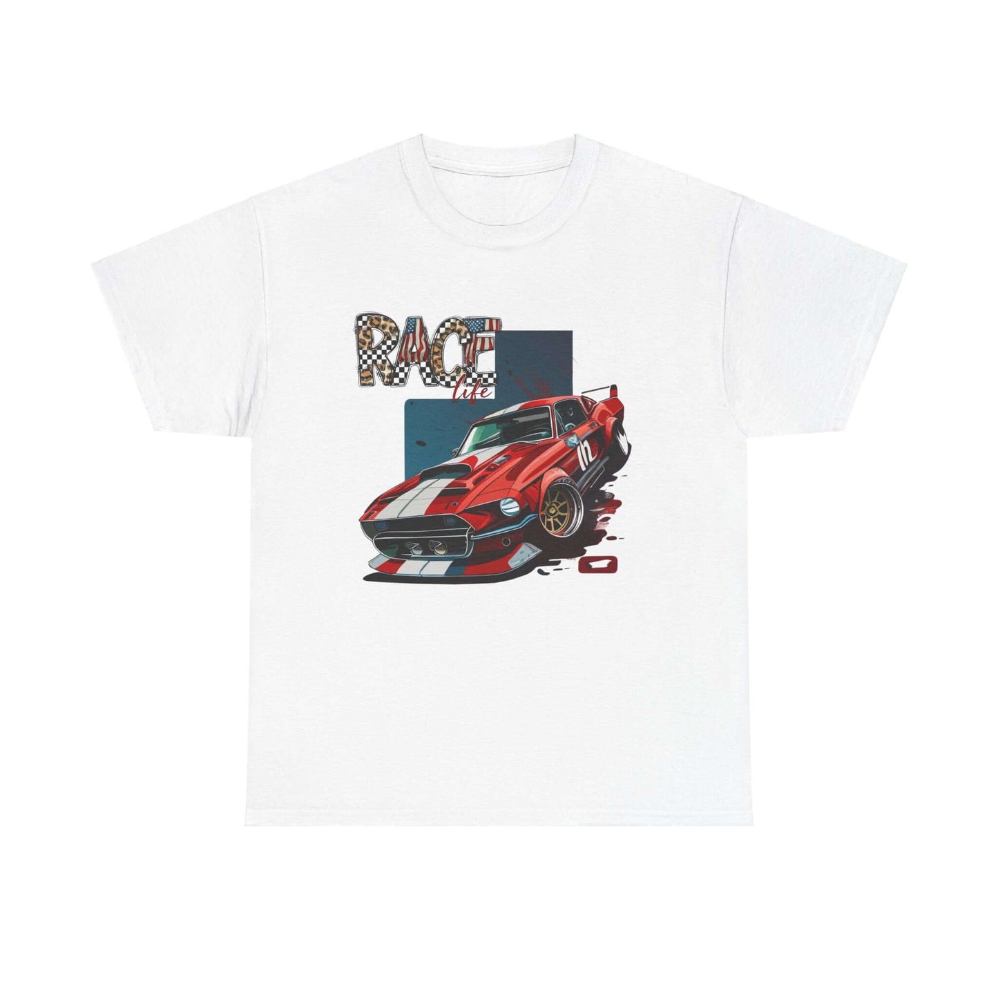 Racing Life Muscle Car T-Shirt with classic Mustang design and racing stripes on white tee, Track Day Tee, Patriotic Racer Gift.