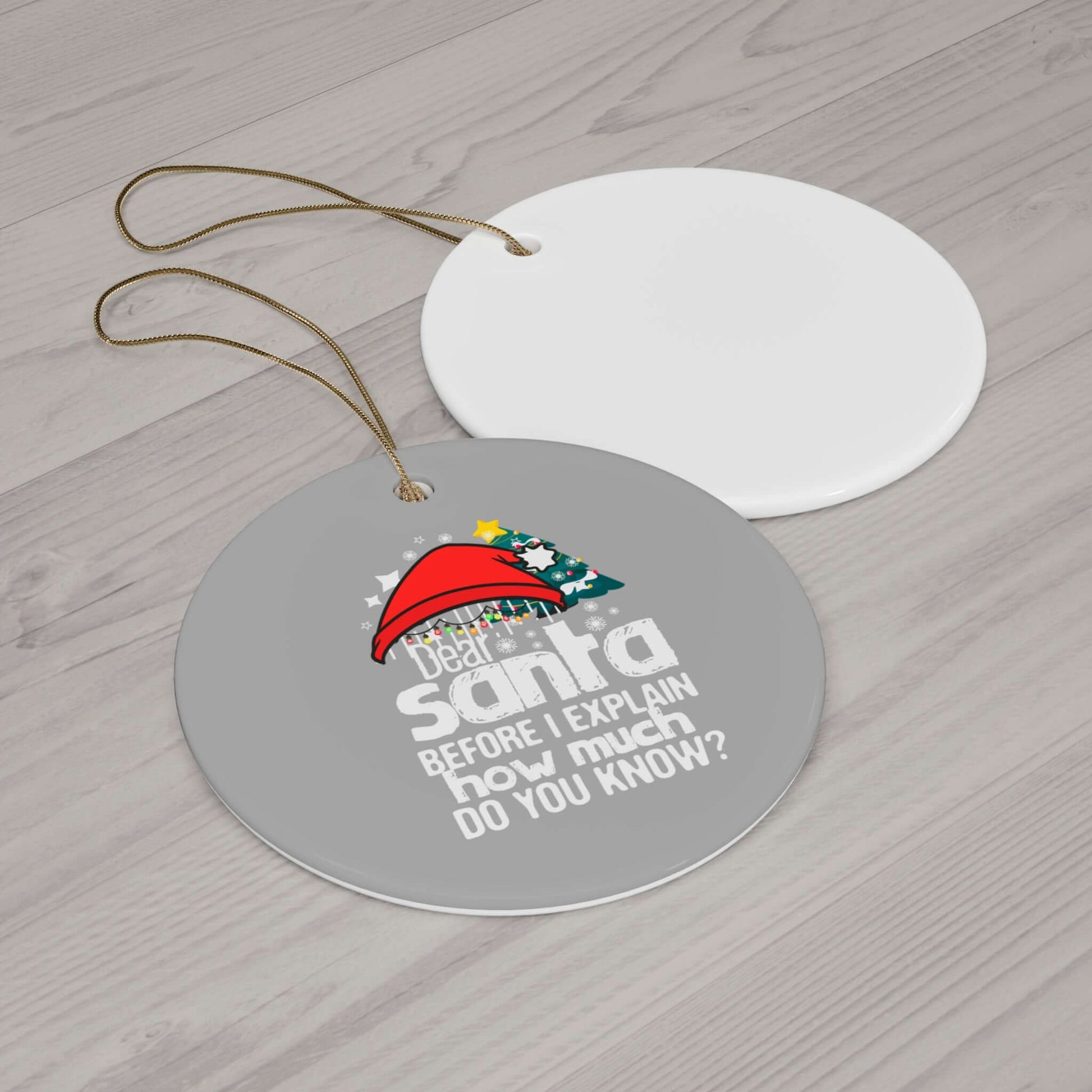 Playful ceramic ornament design featuring Santa hat and humorous text for festive holiday decor.