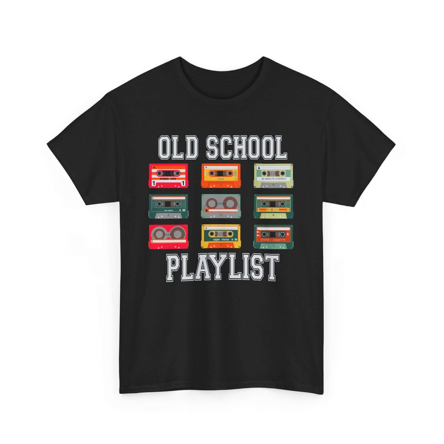 Vintage cassette tee with "Old School Playlist" text and colorful cassette tapes, perfect for retro music lovers and nostalgia enthusiasts.