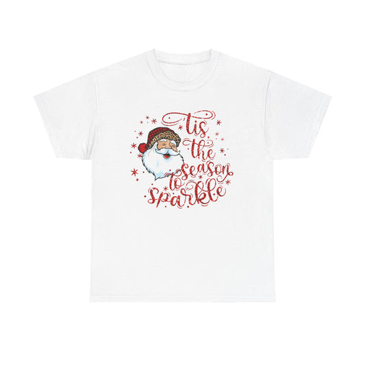 'Tis the Season to Sparkle holiday tee featuring a cheerful Santa Claus design with glittery stars, perfect for festive celebrations.