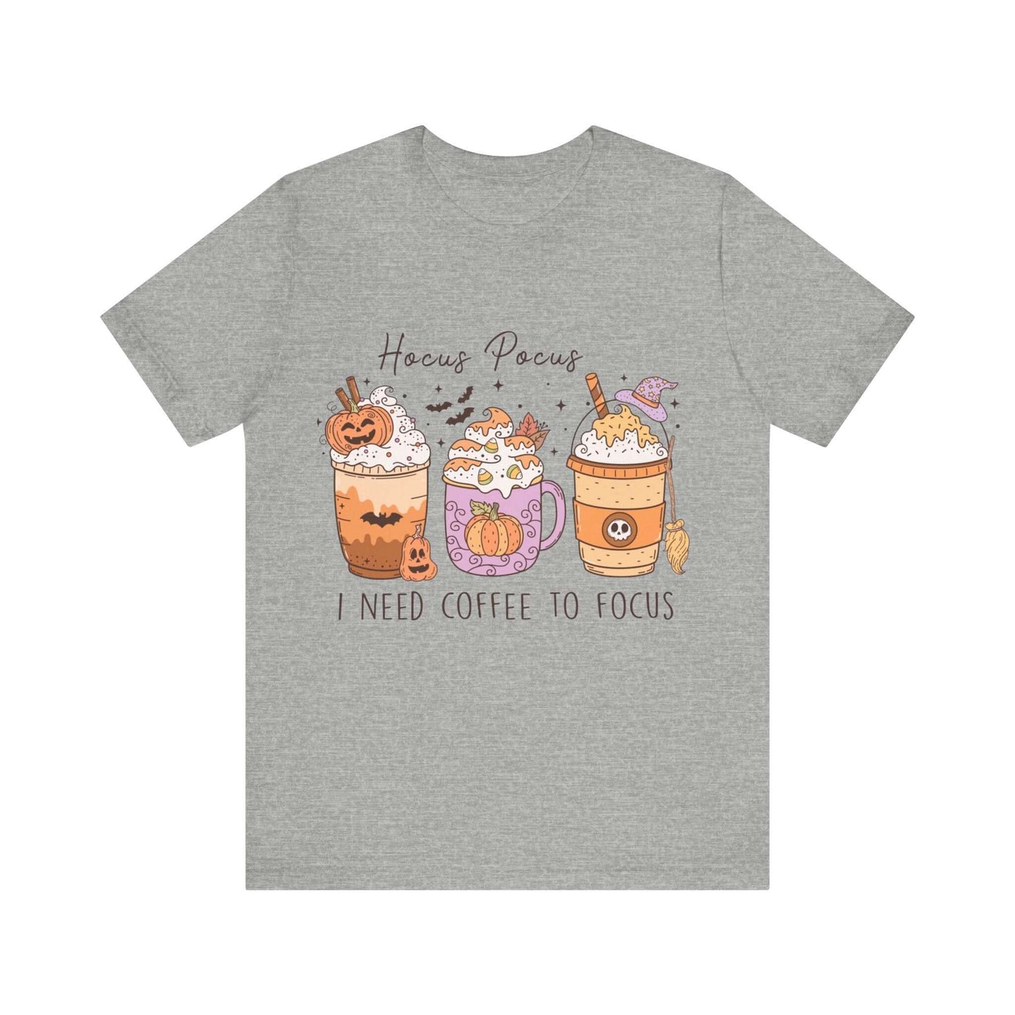 Halloween Coffee Lover's T-shirt, Hocus Pocus I Need Coffee to Focus, Women's Spooky Shirt for Brew-Witching Mornings and Halloween Parties.